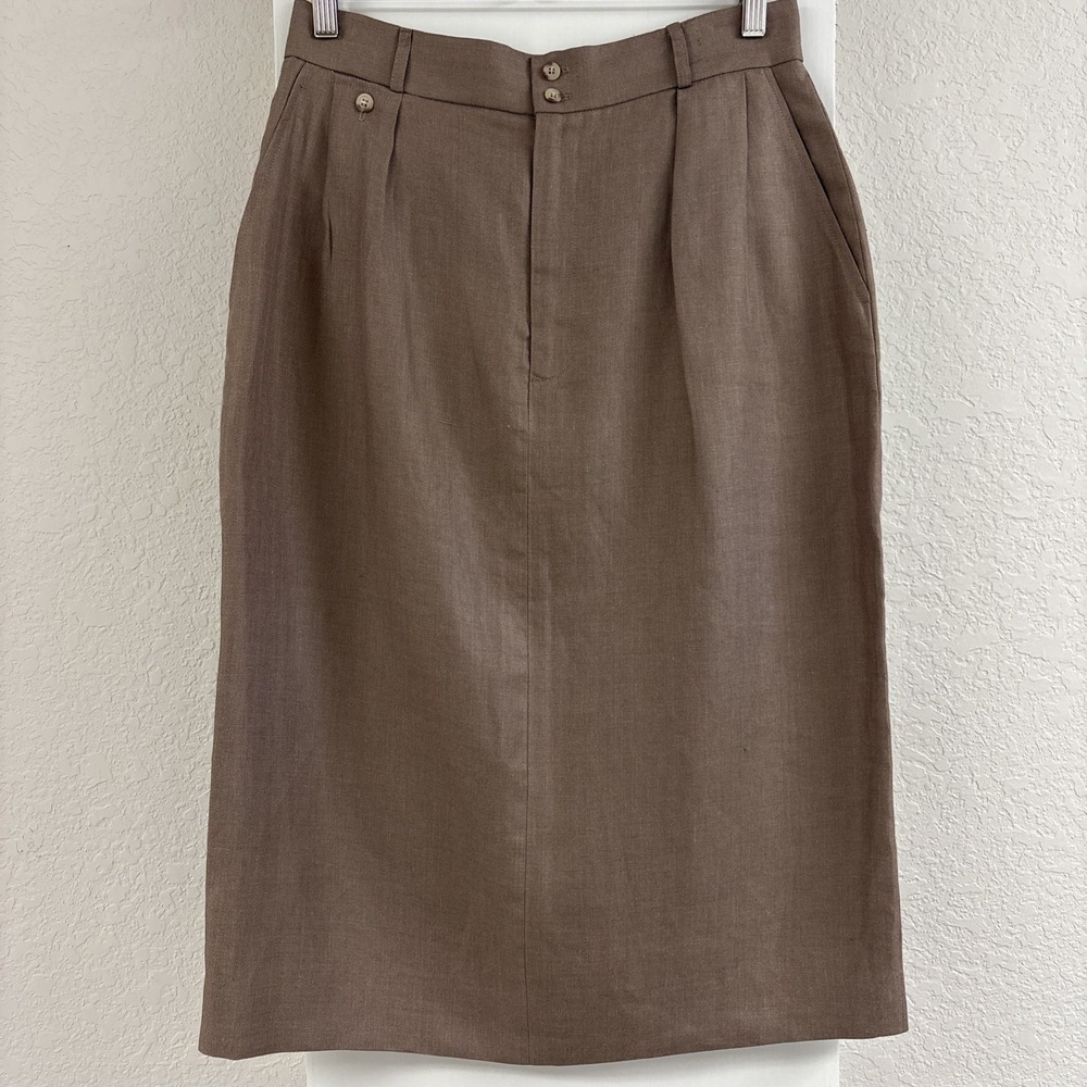 Vintage Ralph Lauren Blue Label Tan 100% Linen Skirt Sz 12 USA Old Money 80s